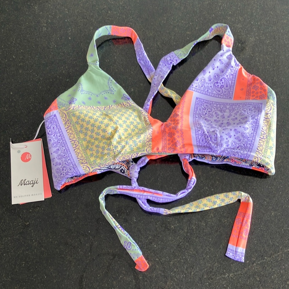 Maaji Candice lace up back bikini top reversible with bandana and paisley prints